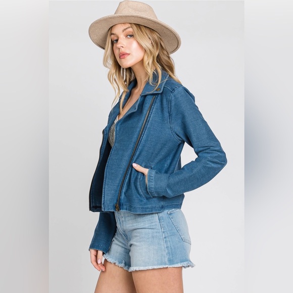 Knit Denim Biker Moto Jacket in Blue - Picture 6 of 10